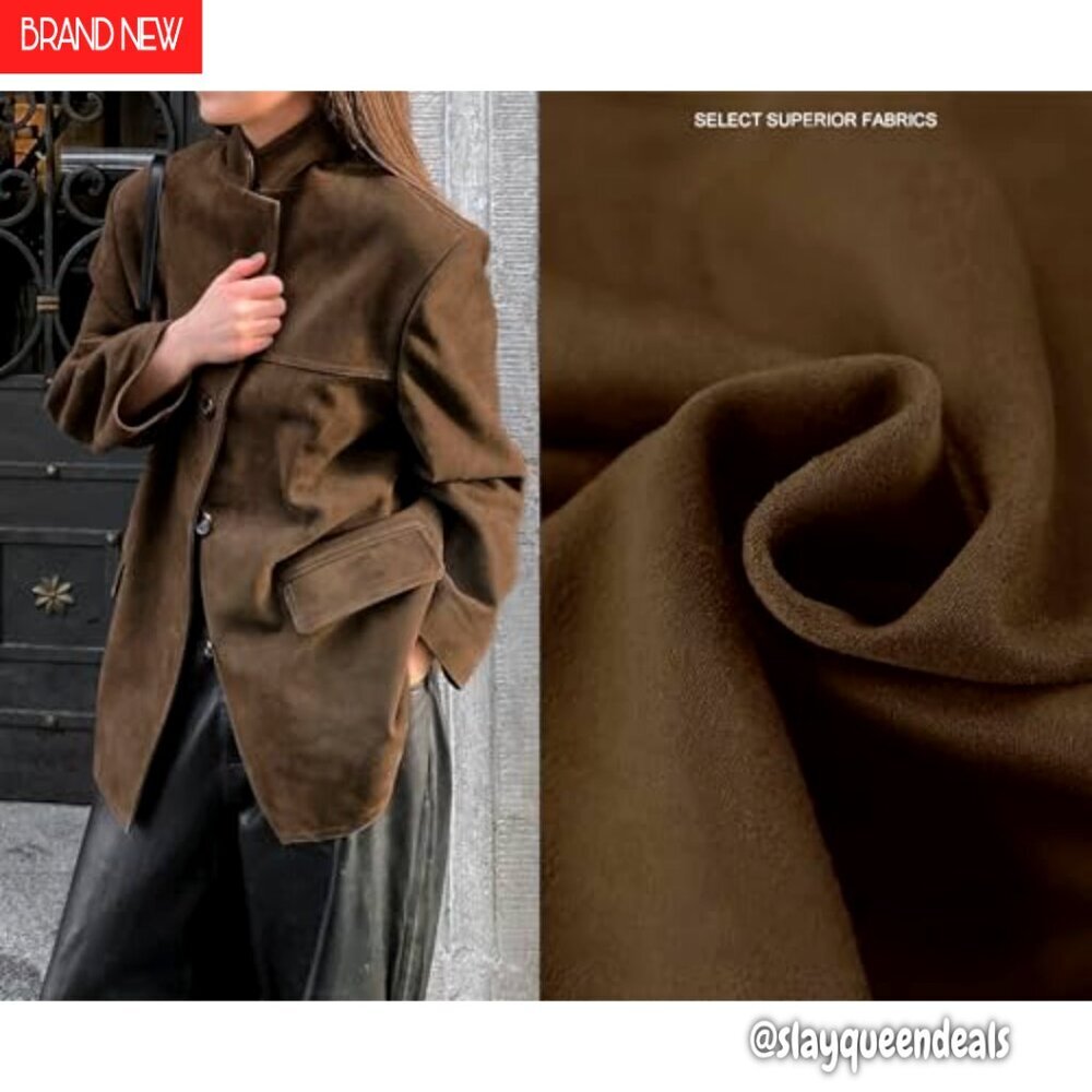 Oversized Faux Suede Jacket Notched Lapel Button Down Long Sleeve Pockets - Picture 3 of 7
